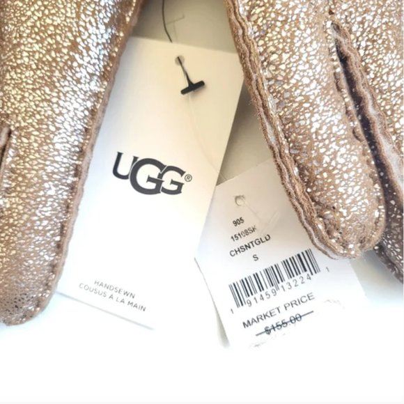 New UGG AUSTRALIA Bailey Sparkle Shearling Sheepskin Chestnut Gold Gloves NWT - Picture 2 of 4
